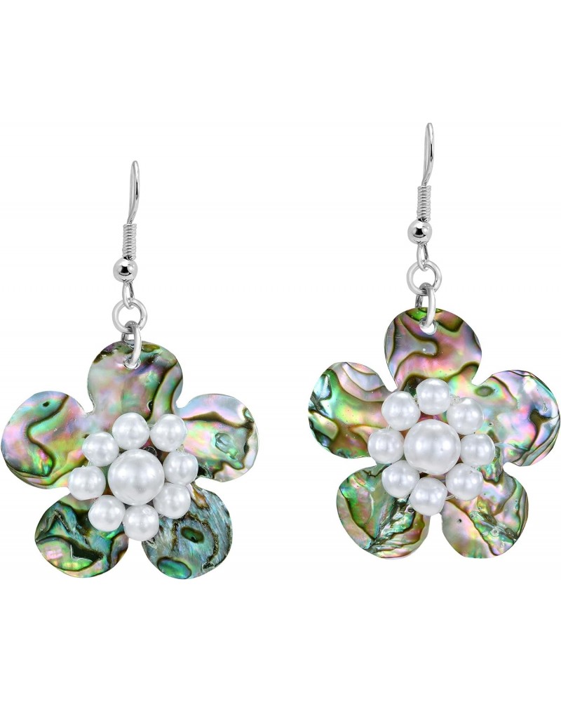 Tropical Daisy Abalone Shell and Faux Pearls Floral Dangle Earrings $8.95 Earrings