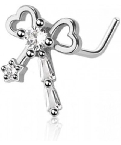 20GA 316L Stainless Steel CZ Crystal Heart Ribbon L-Bend Nose Stud Silver Tone $8.51 Body Jewelry