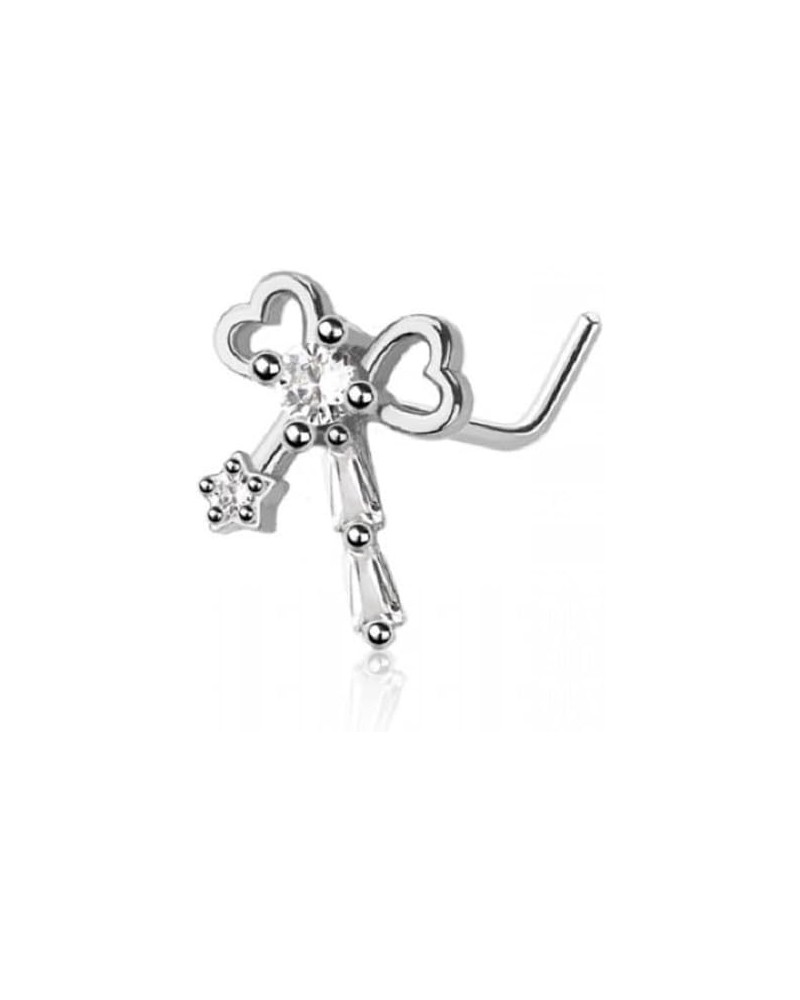 20GA 316L Stainless Steel CZ Crystal Heart Ribbon L-Bend Nose Stud Silver Tone $8.51 Body Jewelry