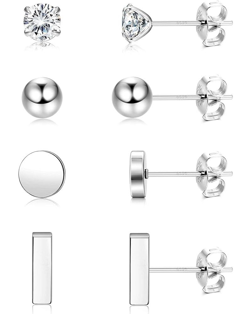 Small Earrings For Women White Gold Plated 925 Sterling Silver Stud Earrings Tiny Ball Dot Pearl Bar CZ Stud Earrings Set Sim...