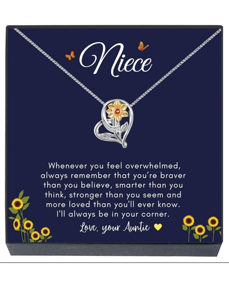 Niece Gifts from Auntie, Niece Necklace Jewelry Gift from Aunt or Aunty ''You Are Braver, Smarter, Stronger, Loved Sunflower ...