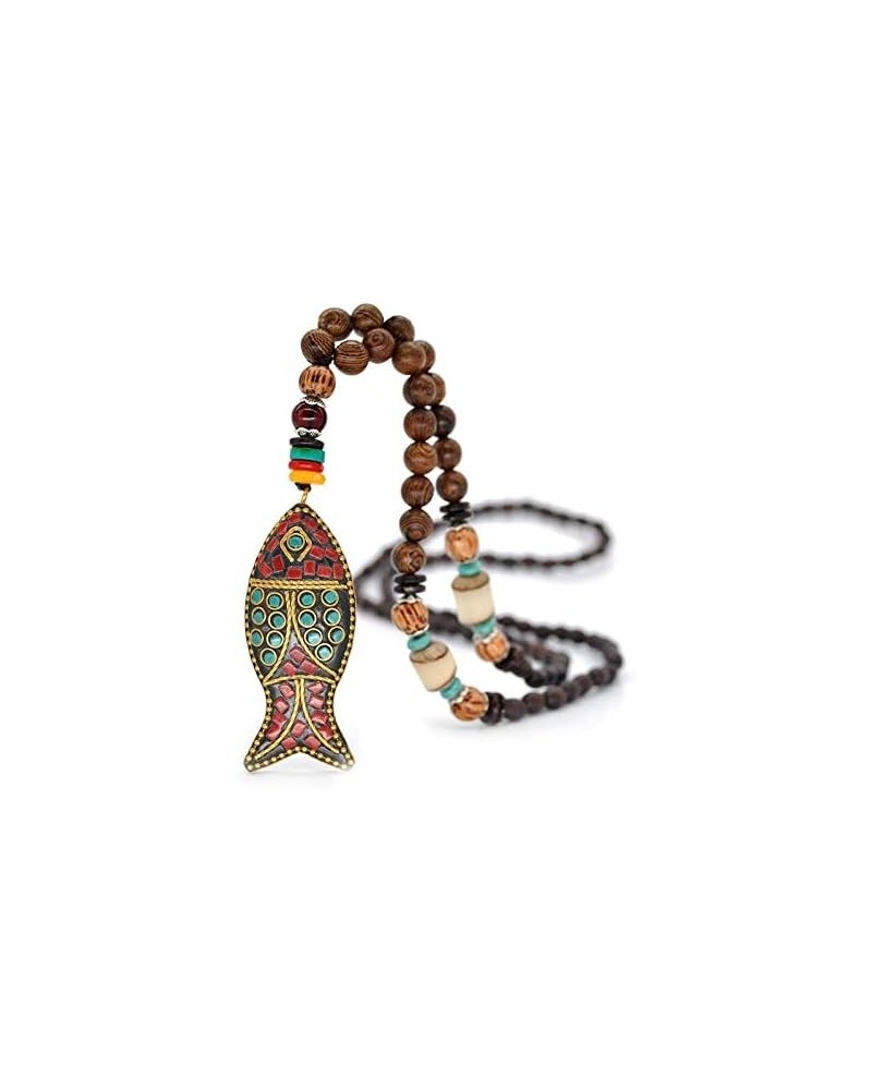 Handmade Vintage Ethnic Long Fish Pendant Necklace Boho Wood Beaded Prayer Necklaces for Women Men $8.39 Necklaces