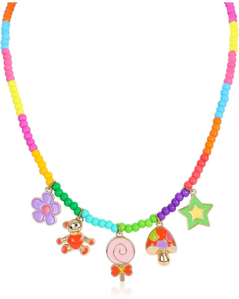 Colorful Beaded Necklace for Teen Girls with Cute Charm Bohemian Seed Beads Choker Necklace Lollipop Flower Bear Mushroom Sta...