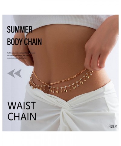 Summer Rhinestone Belly Chain Butterfly Tassel Waist Chain Beach Bikini Body Chain for Women Layered Gold Belly Chain for the...