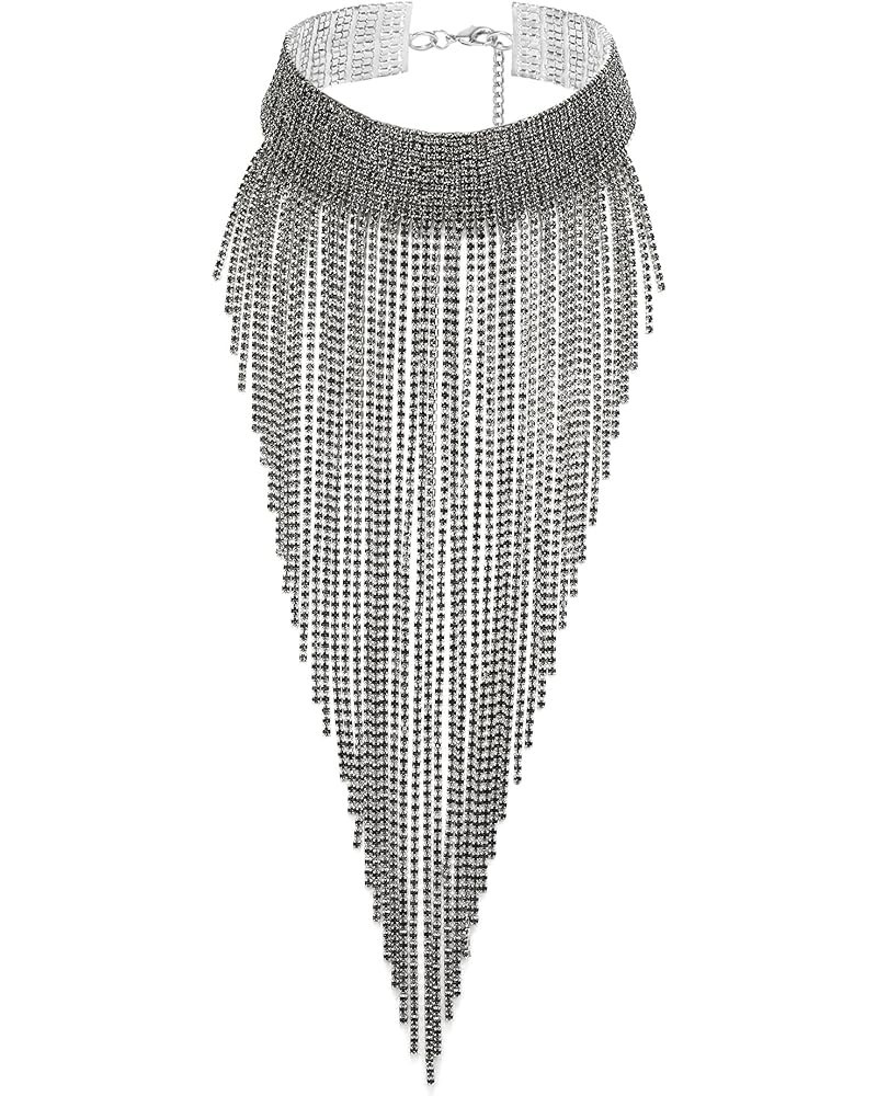 Rhinestone Statement Necklace for Women, Tassel Bib Choker Collar Chunky Costume Jewelry for Party Formal Grey Silver-Tone $1...