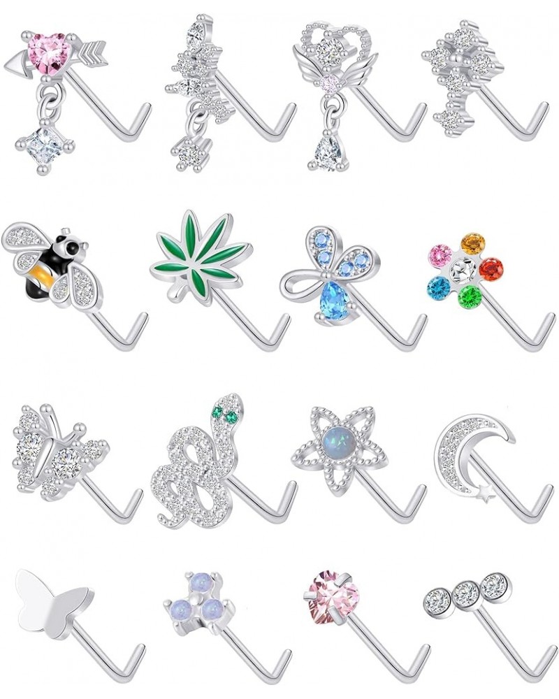 16Pcs Nose Stud Ring L Shaped Nose Ring Heart Moon Bee Snake Leaf CZ Nose Studs Body Piercing Jewelry for Women Men 20G Silve...