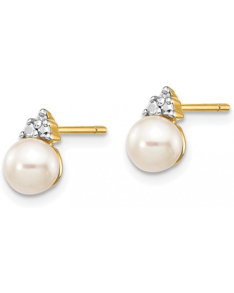 14k Yellow Gold 6mm White Round Freshwater Cultured Pearl .01ct Diamond Post Stud Earrings Ball Button Fine Jewelry For Women...