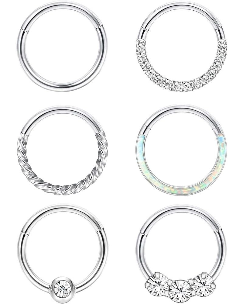 6Pcs Septum Rings 16G 18G Surgical Steel Nose Rings Hoop for Women Cartilage Hoop Earring Clicker Septum Jewelry CZ Opal Hing...