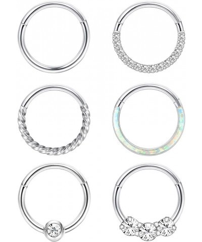 6Pcs Septum Rings 16G 18G Surgical Steel Nose Rings Hoop for Women Cartilage Hoop Earring Clicker Septum Jewelry CZ Opal Hing...