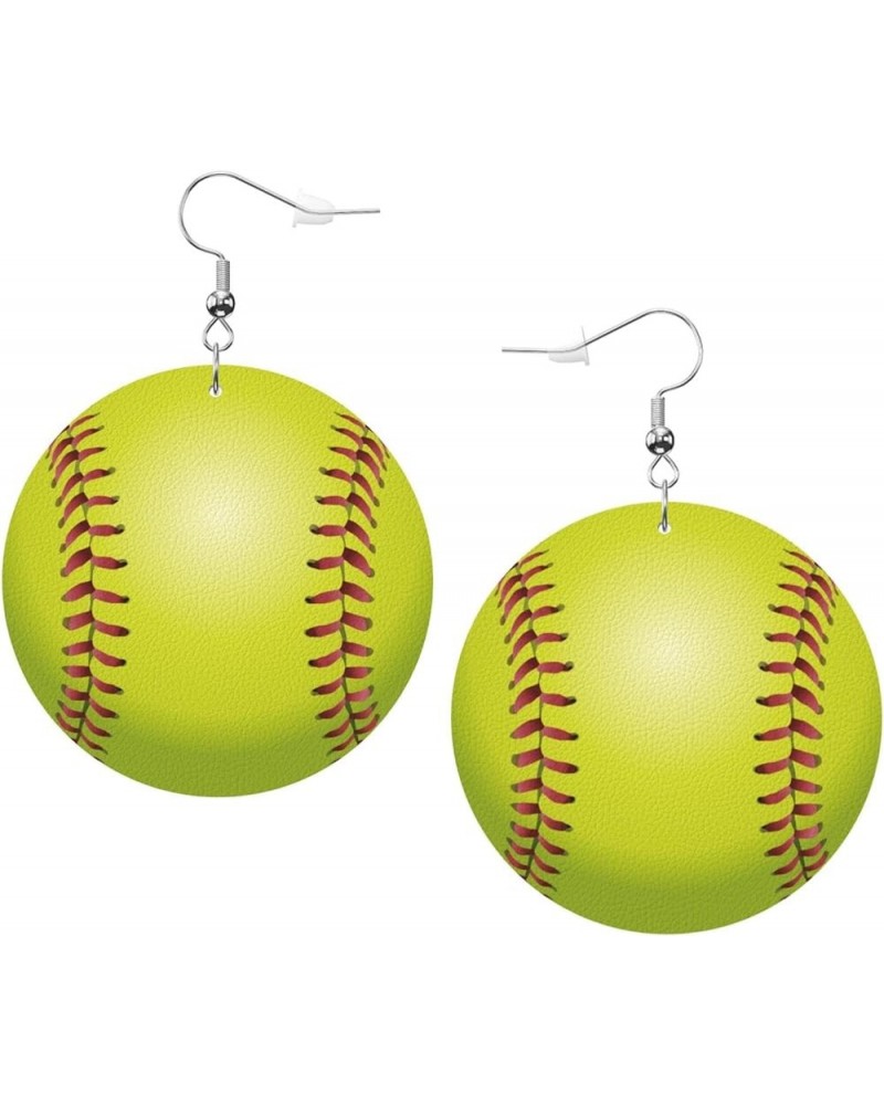 Round Faux Leather Earrings For Women Dangle Lightweight Earrings I Love Softball $6.88 Earrings