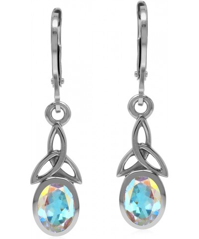 925 Sterling Silver Triquetra Celtic Knot Leverback Dangle Earrings Aurora Borealis Topaz white gold plated $12.50 Earrings