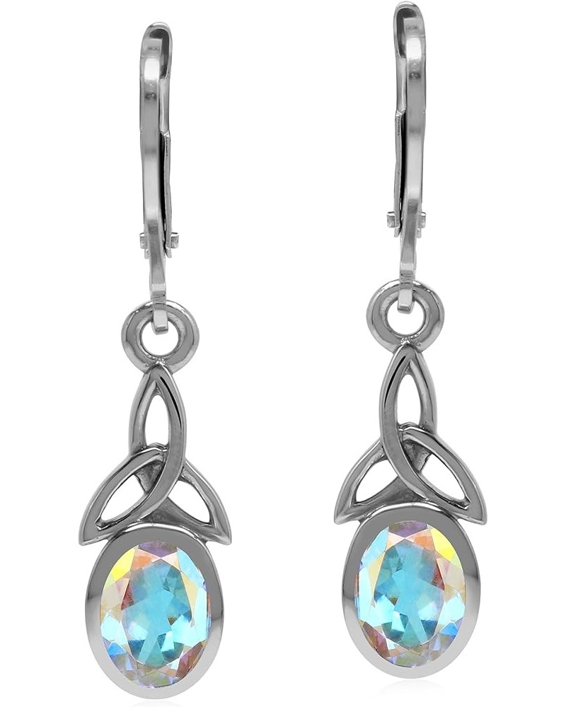 925 Sterling Silver Triquetra Celtic Knot Leverback Dangle Earrings Aurora Borealis Topaz white gold plated $12.50 Earrings