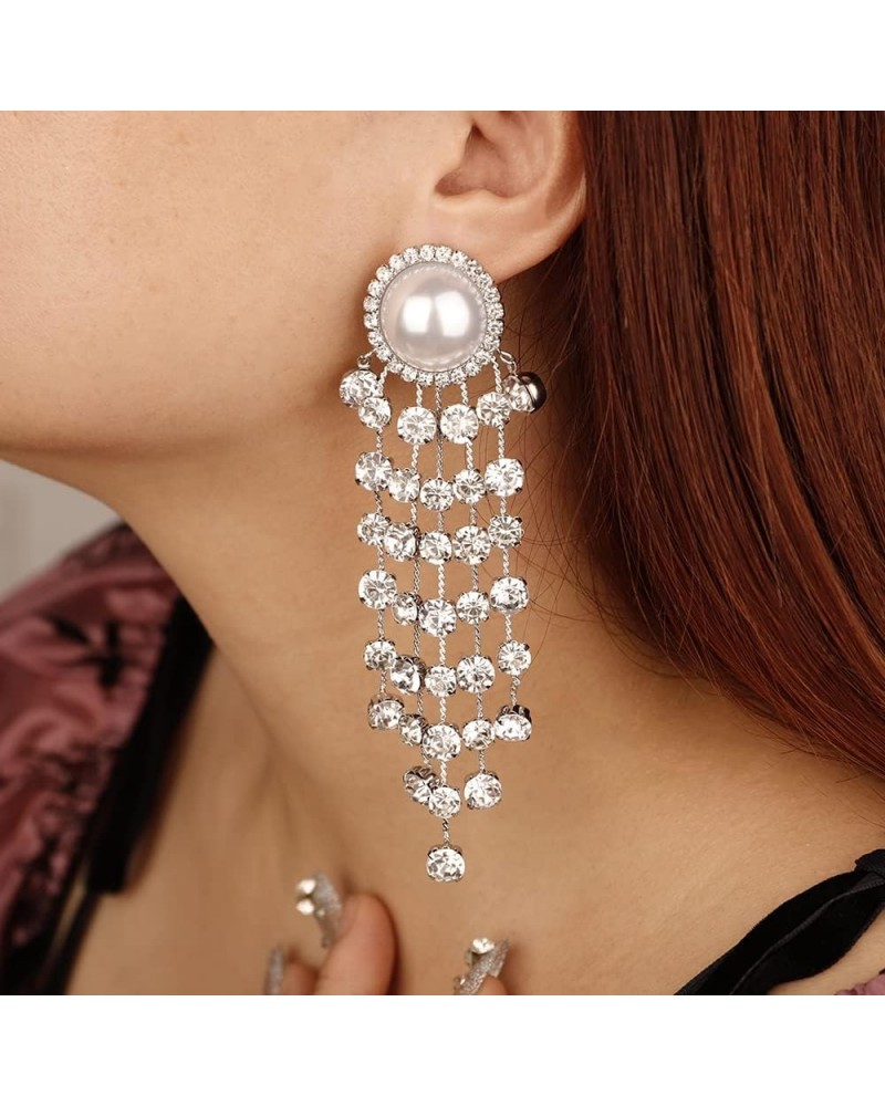 Pearl Beaded Stud Rhinestones Tassel Long Chain Statement Earrings for Women Girls Wedding Bridal Dainty Jewelry Silver $9.17...