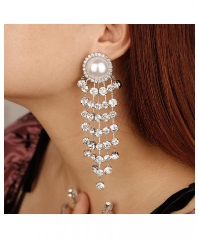 Pearl Beaded Stud Rhinestones Tassel Long Chain Statement Earrings for Women Girls Wedding Bridal Dainty Jewelry Silver $9.17...