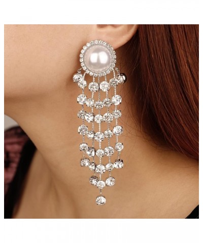 Pearl Beaded Stud Rhinestones Tassel Long Chain Statement Earrings for Women Girls Wedding Bridal Dainty Jewelry Silver $9.17...