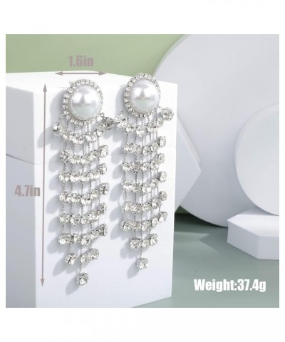 Pearl Beaded Stud Rhinestones Tassel Long Chain Statement Earrings for Women Girls Wedding Bridal Dainty Jewelry Silver $9.17...