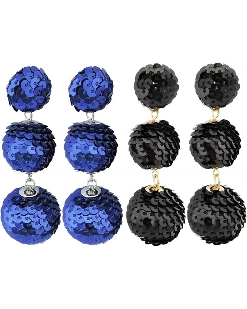 Sequin Ball Dangle Stud Earrings for Women Beaded Statement Drop Earrings Black+Royal Blue $10.25 Earrings