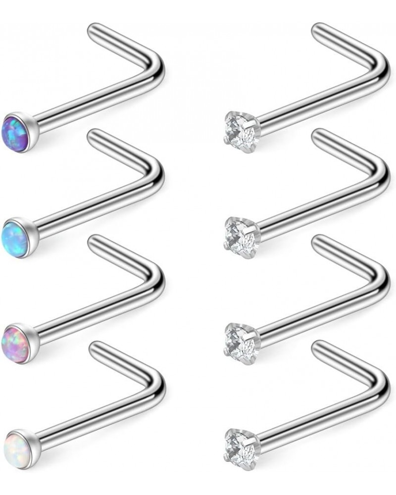 18G 316L Surgical Steel 1.5mm 2mm 2.5mm 3mm Jeweled Opal & Clear CZ Nose L-Shaped Rings Studs Ring Body Piercing Jewelry 8-16...