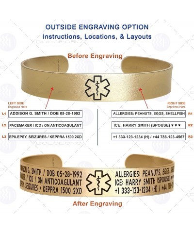 Medical Alert ID Bracelet Cuff, 316L Stainless Steel - Customize and Personalize - SELECT A WRIST SIZE, 6"-9 SATIN GOLD - ONE...