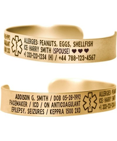 Medical Alert ID Bracelet Cuff, 316L Stainless Steel - Customize and Personalize - SELECT A WRIST SIZE, 6"-9 SATIN GOLD - ONE...