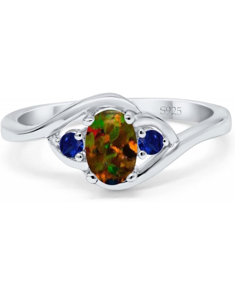 Three Stone Engagement Ring Oval Cut Round Simulated Blue Sapphire Cubic Zirconia 925 Sterling Silver Lab Created Black Opal ...