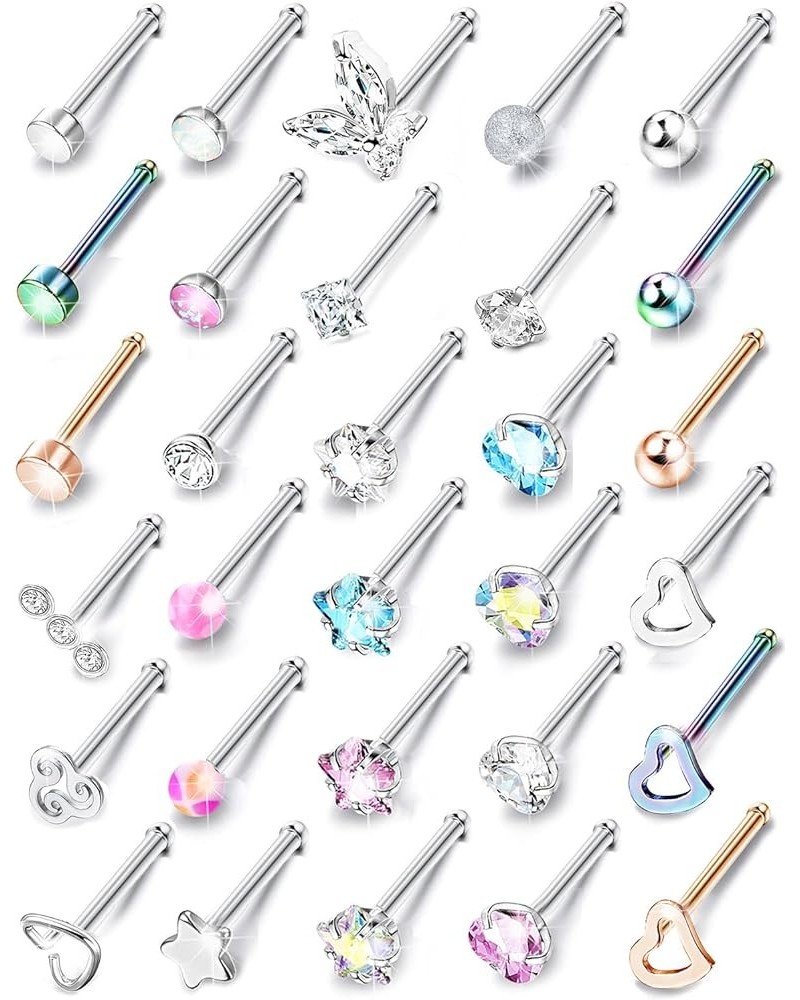 Hypoallergenic Nose Rings 30Pcs 18G 20G Surgical Stainless Steel Nose Ring Studs Heart Opal CZ Straight L Shaped Screw Nose R...