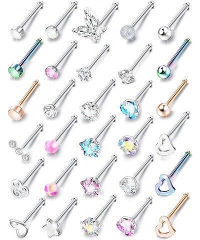 Hypoallergenic Nose Rings 30Pcs 18G 20G Surgical Stainless Steel Nose Ring Studs Heart Opal CZ Straight L Shaped Screw Nose R...