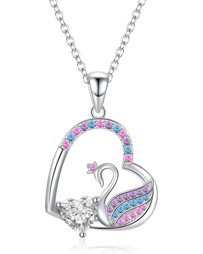 Heart Shaped Swan Necklace Colorful Zirconia Swan Necklace Pendant Sterling Sliver Swan Princess Necklace Gifts for Your Love...