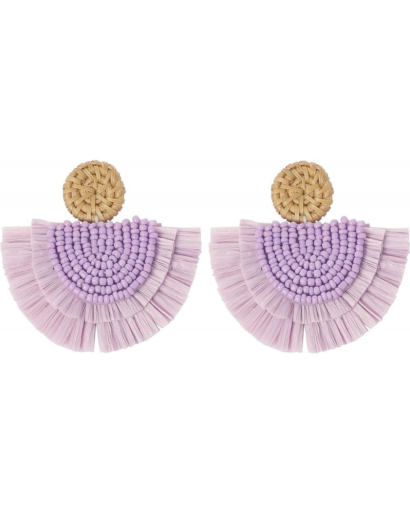 Bohemia Beaded Fringe Statement Earrings with Long Dangling Tassel Raffia Earrings for Women Small Purple $10.06 Earrings