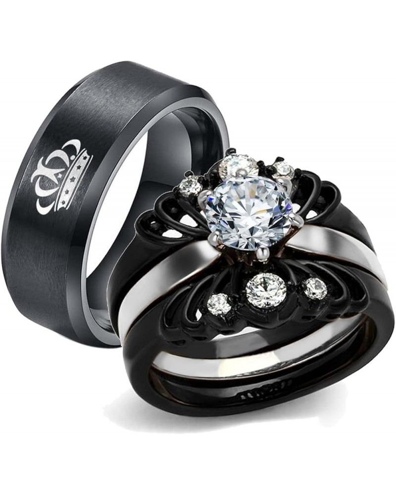 Couple Rings Black Matching Rings Crown Ring Women Wedding Ring Sets for Him and Her Black women size8 & men size10 $17.84 Br...