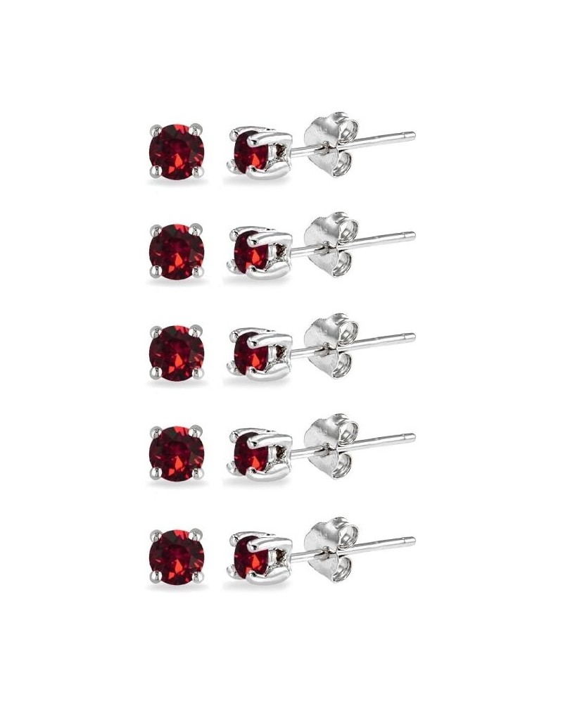 5-Pair Set Sterling Silver 3mm Round Colored Stud Earrings Made with European Crystals January - Dark Red $13.95 Earrings