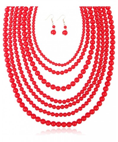 Multi Beaded Bubble Statement Necklace - Round Ball Chunky Drape Bib Collar Marbled, 7 Layer Long 7 Strand Long - Red $9.87 N...