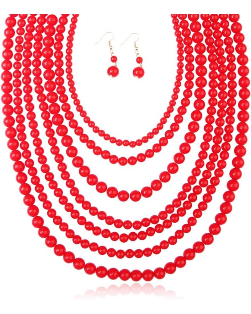 Multi Beaded Bubble Statement Necklace - Round Ball Chunky Drape Bib Collar Marbled, 7 Layer Long 7 Strand Long - Red $9.87 N...