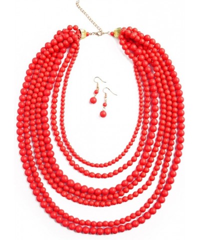 Multi Beaded Bubble Statement Necklace - Round Ball Chunky Drape Bib Collar Marbled, 7 Layer Long 7 Strand Long - Red $9.87 N...