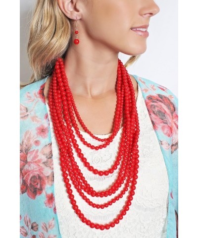 Multi Beaded Bubble Statement Necklace - Round Ball Chunky Drape Bib Collar Marbled, 7 Layer Long 7 Strand Long - Red $9.87 N...