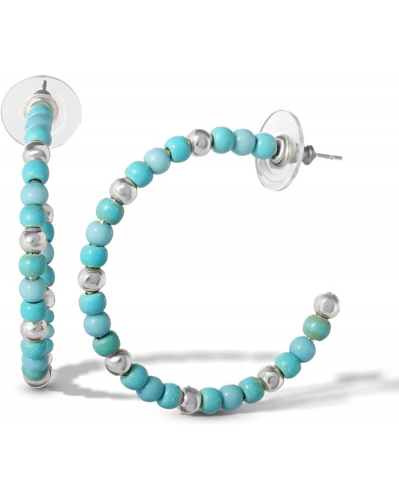 Womens Turquoise Bead Hoop Earrings - Gold-Tone or Silver-Tone Turquoise Hoop Earrings Silver $10.56 Earrings