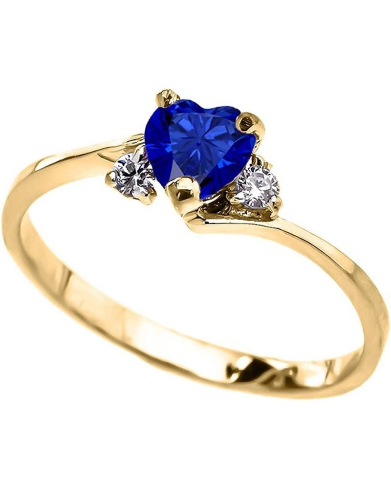 10K Yellow Gold Heart Cut Lab Grown Blue Sapphire & White Cubic Zirconia Three Stone Bypass Band September Birthstone Engagem...