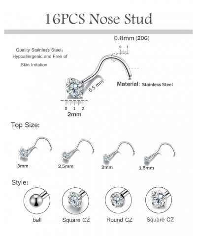 16pcs 20g Stainless Steel Nose Stud for Women 20g Nose Ring Surgical Steel for Men Body Piercing Jewelry Screw-Silver 6.5mm $...