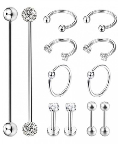 12Pcs Stainless Steel Industrial Barbell Cartilage Piercing Earrings for Women Men Hoop Helix Tragus Labret Piercing A: 12Pcs...