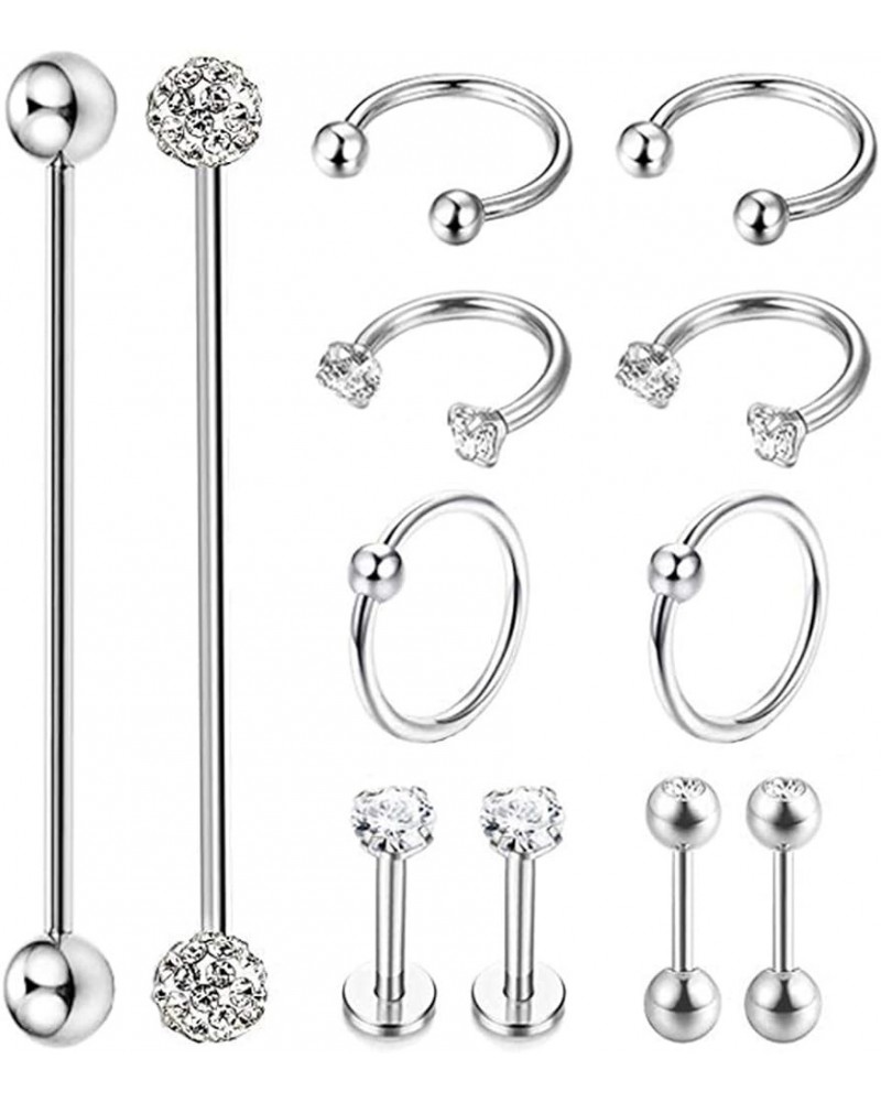 12Pcs Stainless Steel Industrial Barbell Cartilage Piercing Earrings for Women Men Hoop Helix Tragus Labret Piercing A: 12Pcs...