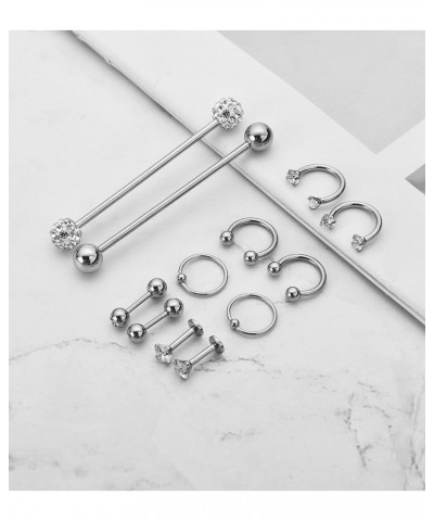 12Pcs Stainless Steel Industrial Barbell Cartilage Piercing Earrings for Women Men Hoop Helix Tragus Labret Piercing A: 12Pcs...