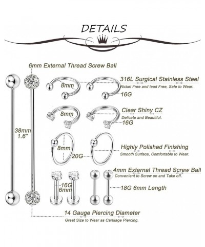 12Pcs Stainless Steel Industrial Barbell Cartilage Piercing Earrings for Women Men Hoop Helix Tragus Labret Piercing A: 12Pcs...