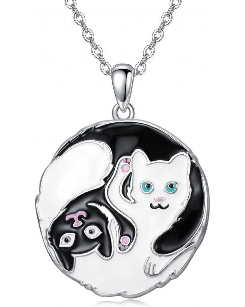 Black and White Cat 925 Sterling Silver Necklace for Women, Yin Yang Pendant Jewelry for Girls, Safe Hypoallergenic Silver Je...