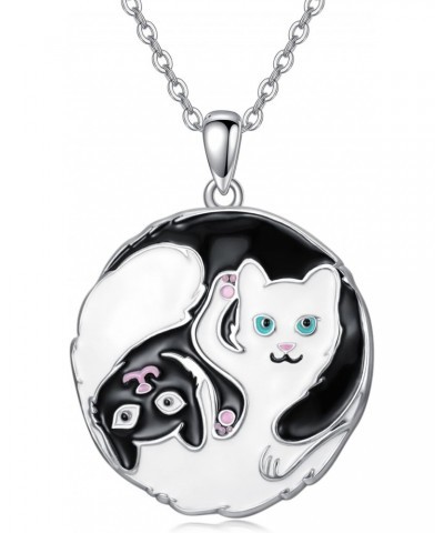 Black and White Cat 925 Sterling Silver Necklace for Women, Yin Yang Pendant Jewelry for Girls, Safe Hypoallergenic Silver Je...