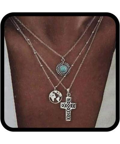 Boho Layered Necklace Silver Moon Pendant Necklaces Chain Evil Eye Bull Head Necklace Jewelry for Women and Girls Silver Cros...