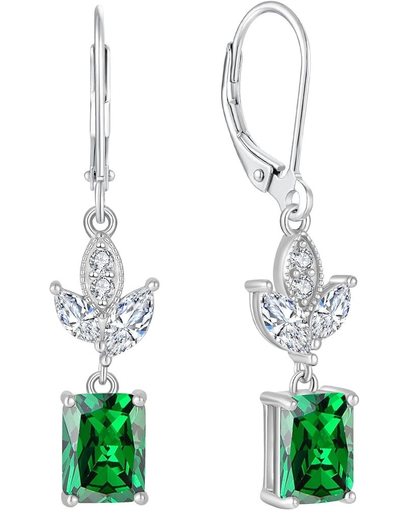 Square Dangle Drop Earrings Sterling Silver Leaf Leverback Earring Birthstone Jewelry for Women 05-emerald-May $26.40 Earrings