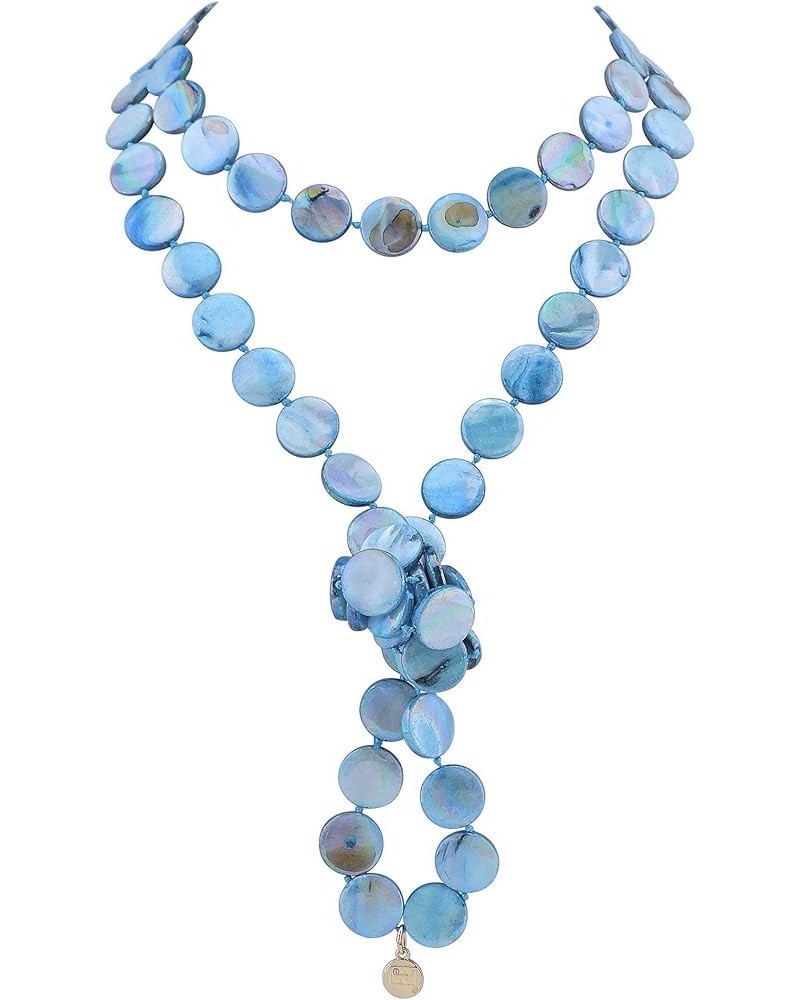 Flat Round Coin Shell Beads Long Knotted Necklace Natural Mother of Pearl Handmade Jewelry For Women Blue AB $9.24 Necklaces