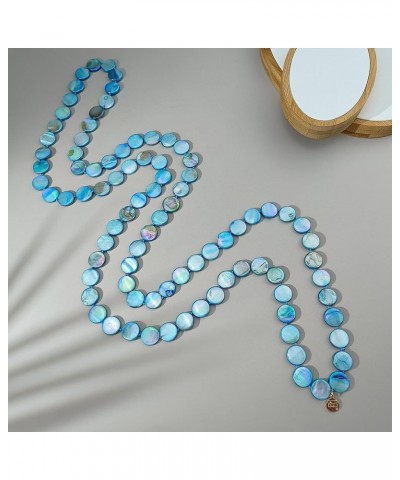 Flat Round Coin Shell Beads Long Knotted Necklace Natural Mother of Pearl Handmade Jewelry For Women Blue AB $9.24 Necklaces