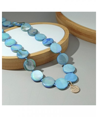 Flat Round Coin Shell Beads Long Knotted Necklace Natural Mother of Pearl Handmade Jewelry For Women Blue AB $9.24 Necklaces