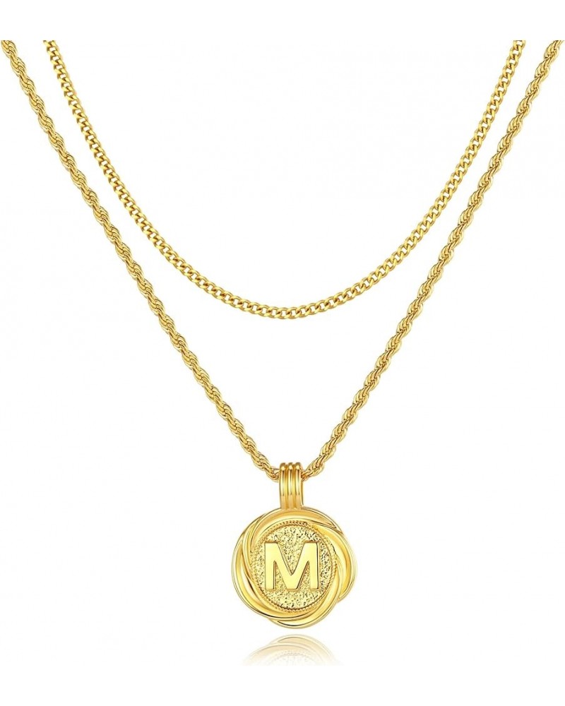 Dainty Gold Layered Initial Necklaces for Women, 14K Gold Plated Personalized A-Z Letter Medallion Coin Pendant with Adjustab...